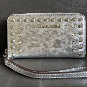 Michael Kors Metallic Silver Studded Wristlet Wallet